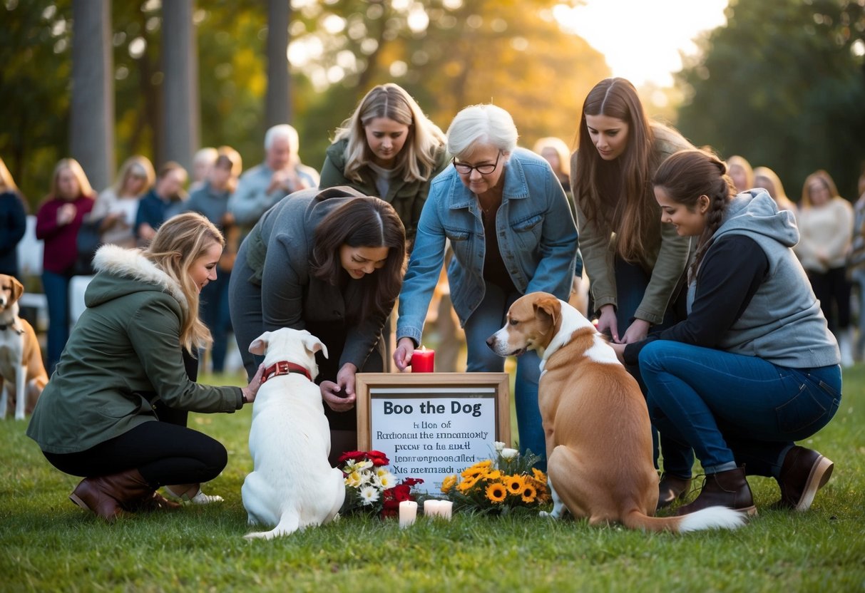 A group of animals gather around a memorial for Boo the dog, sharing heartfelt goodbyes and remembering their beloved friend