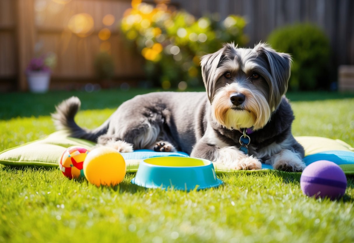 A gray-muzzled dog lounges in a sunlit backyard, surrounded by toys and a water bowl