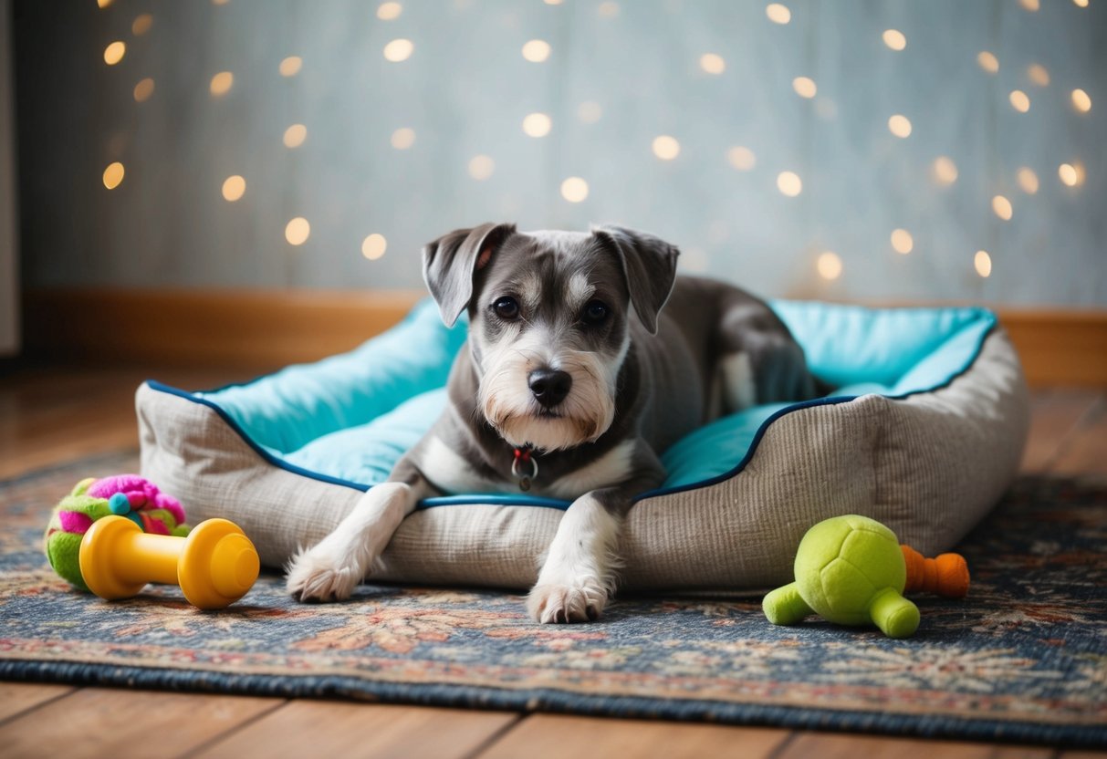 A gray-muzzled dog lounges on a worn rug, surrounded by toys and a well-loved bed