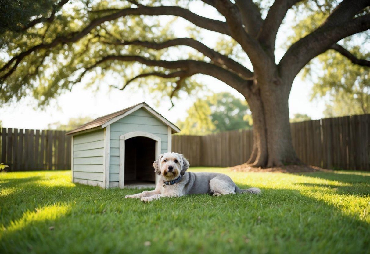 A serene, sun-drenched backyard with a weathered doghouse and a wise, silver-furred dog lounging contently under the shade of a sprawling oak tree