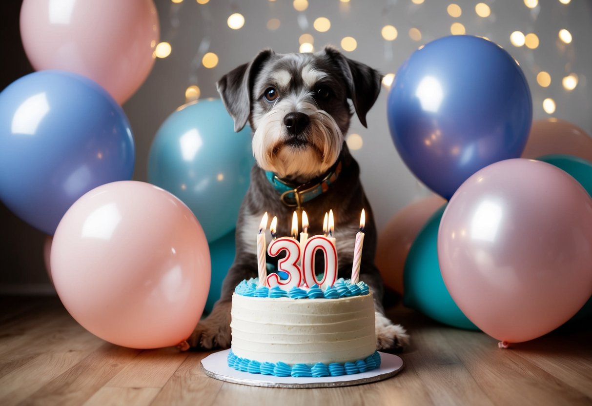 A gray-muzzled dog surrounded by balloons and a cake with "30" candles