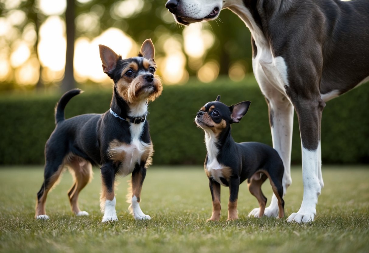 A tiny terrier stands next to a chihuahua, highlighting the size difference. Both dogs are looking up at a towering Great Dane