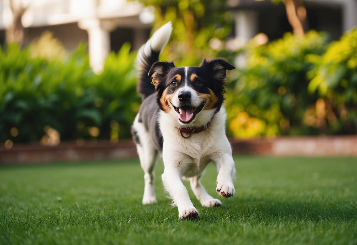 A dog happily playing in a green garden in India