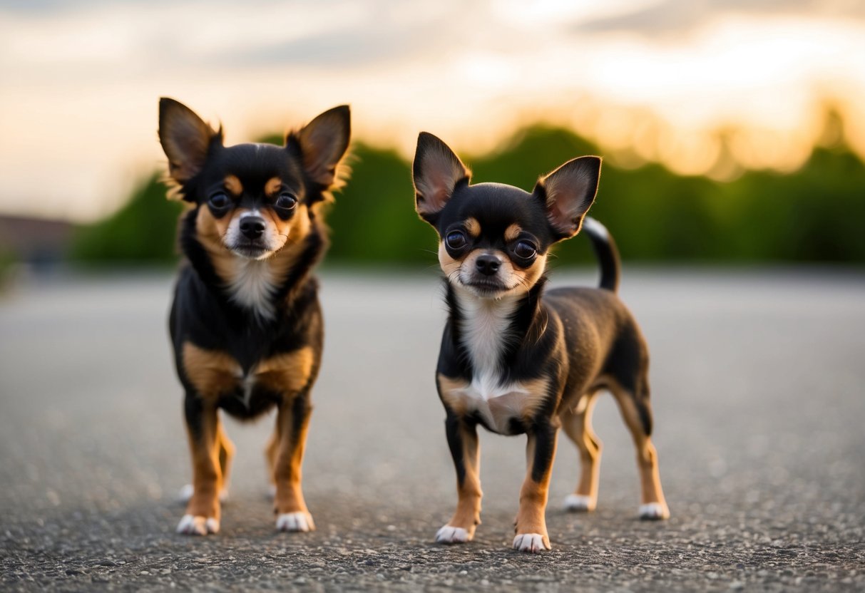 A tiny, adorable dog standing next to a chihuahua, highlighting the size difference
