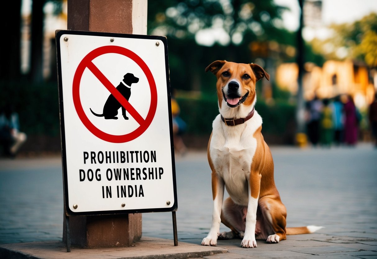A dog sitting next to a sign with a crossed-out symbol, representing the prohibition of dog ownership in India