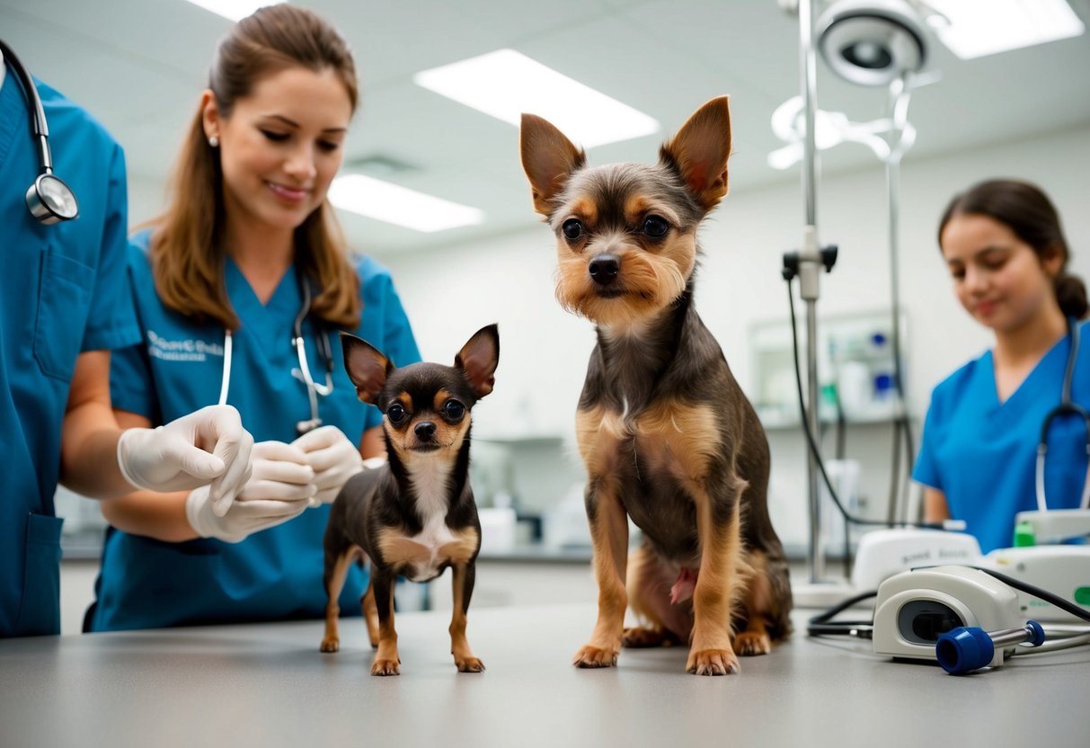 A tiny terrier stands beside a Chihuahua, showcasing a smaller breed for comparison. Both dogs are in a veterinary clinic, surrounded by caring staff and medical equipment