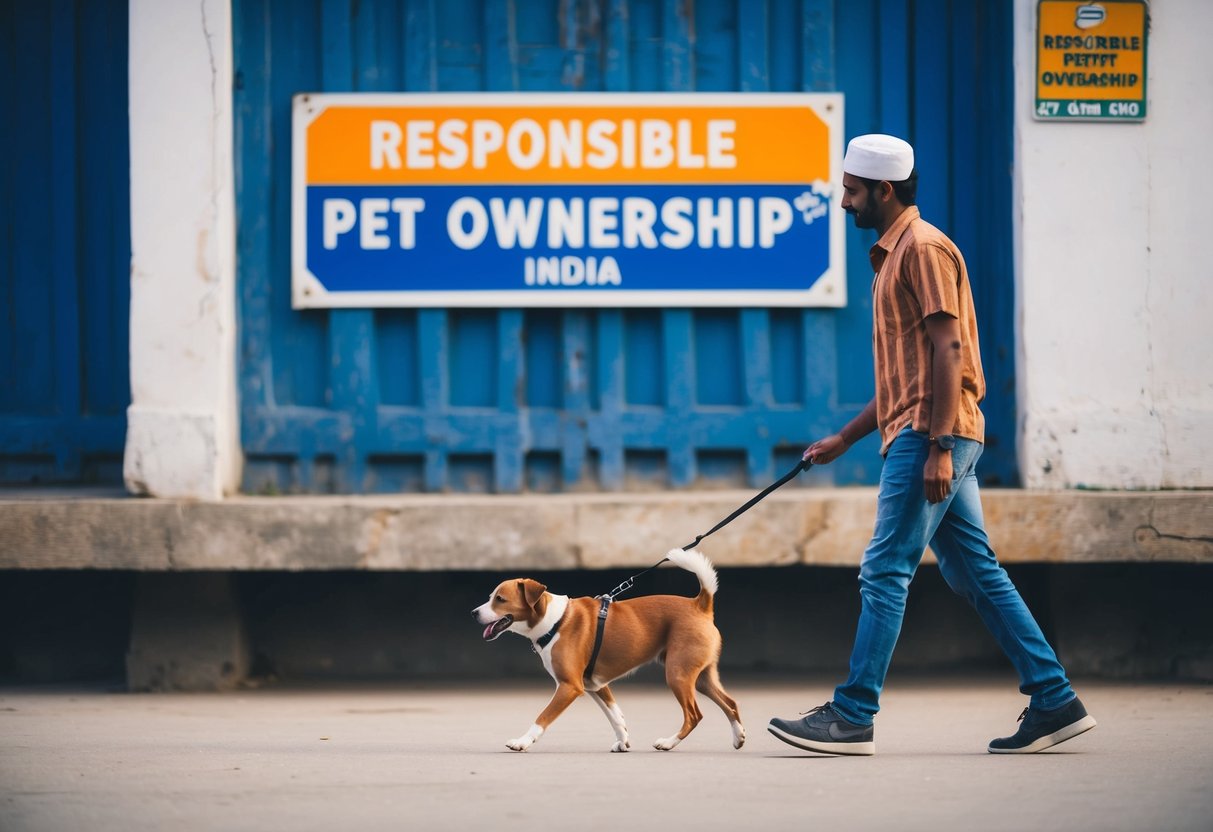 A person walking a dog in front of a "Responsible Pet Ownership" sign in India