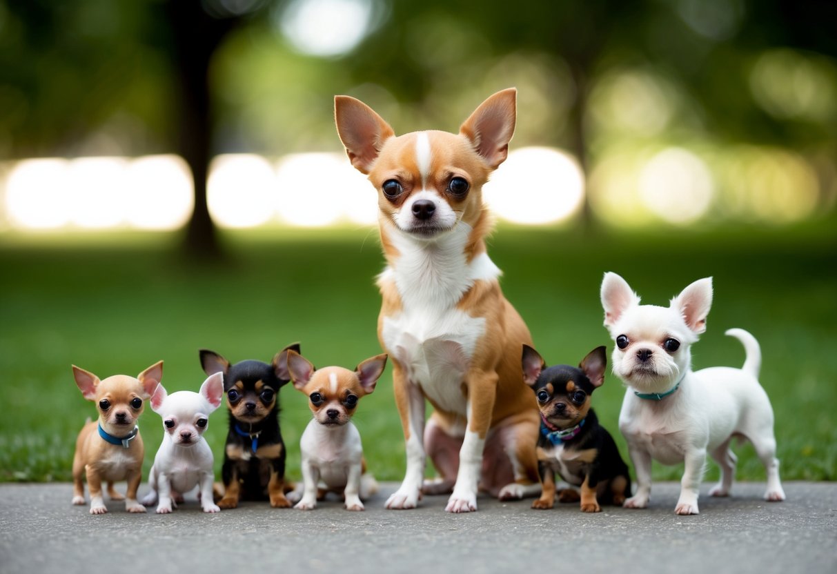 A chihuahua stands next to a group of popular tiny and toy dog breeds, showcasing their size differences