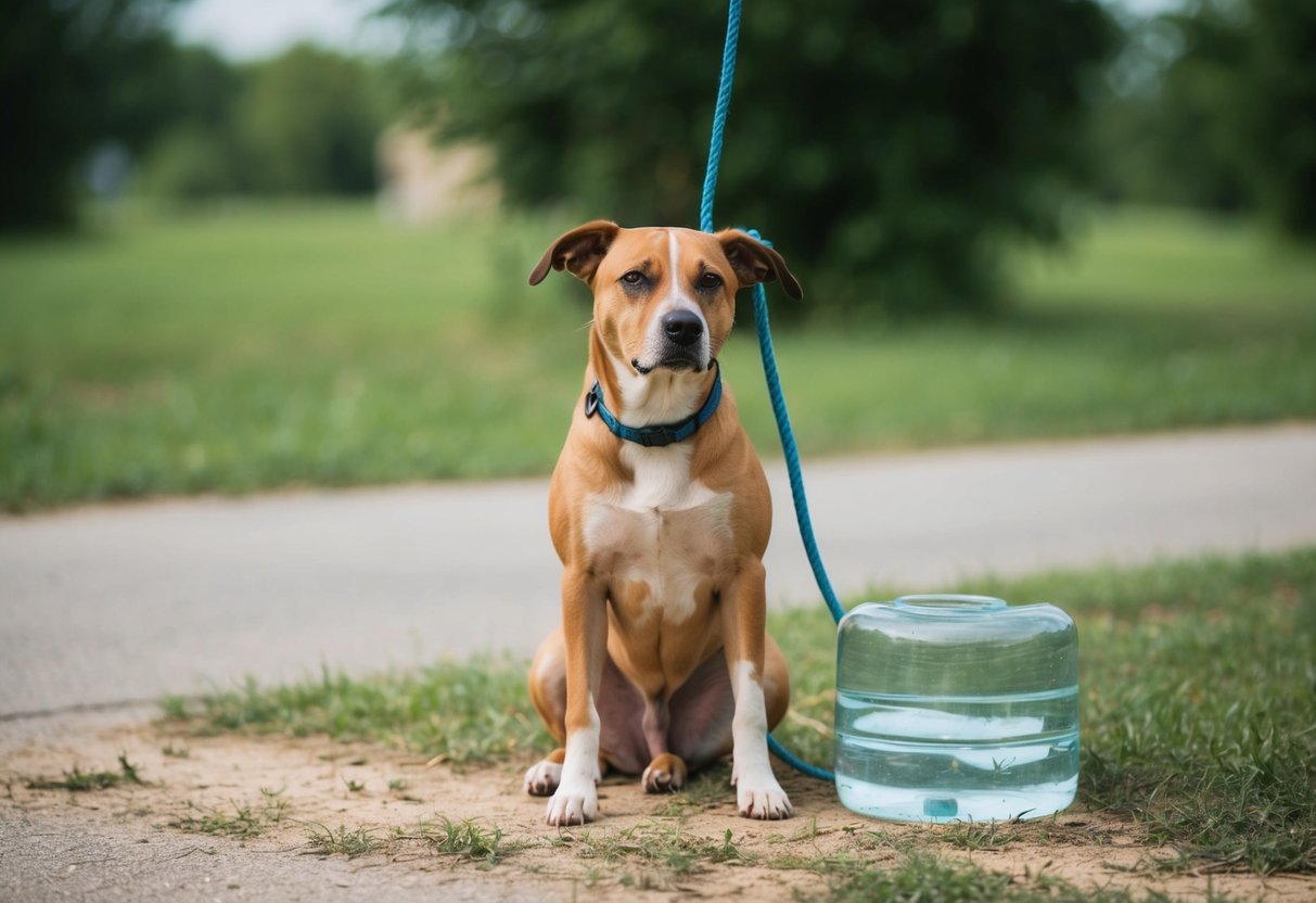A dog tied up outside in the scorching heat, with no water or shelter, looking malnourished and neglected