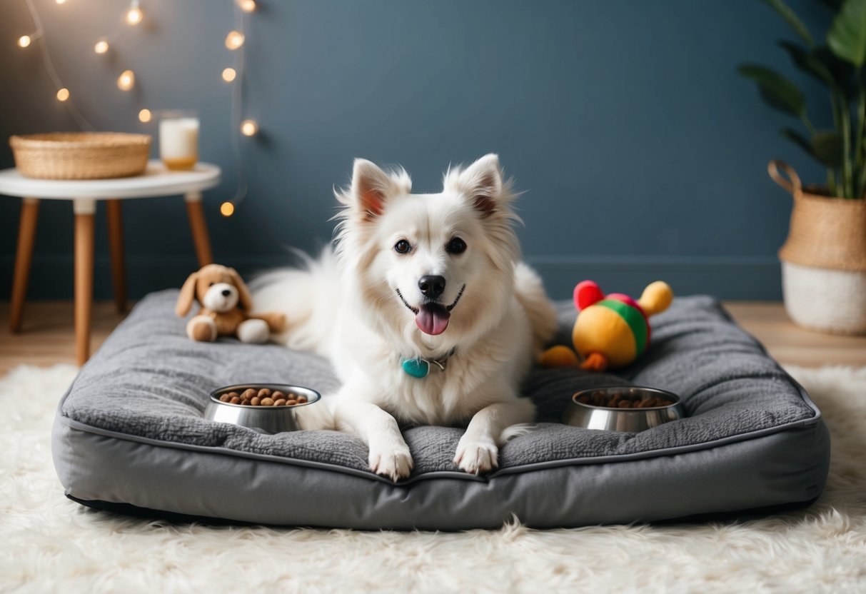 A fluffy white dog lounges on a plush bed, surrounded by toys and a full food and water bowl