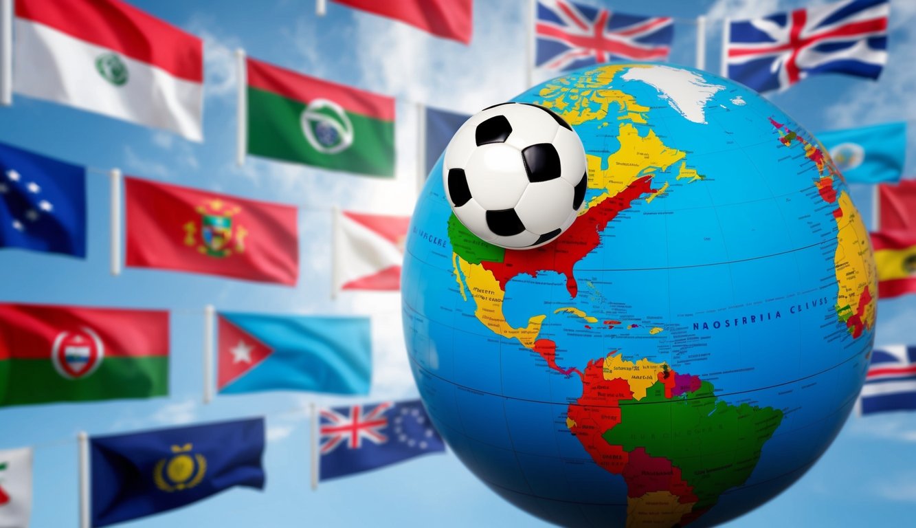 Sebuah bola sepak terbang melintasi globe dengan bendera yang mewakili berbagai negara