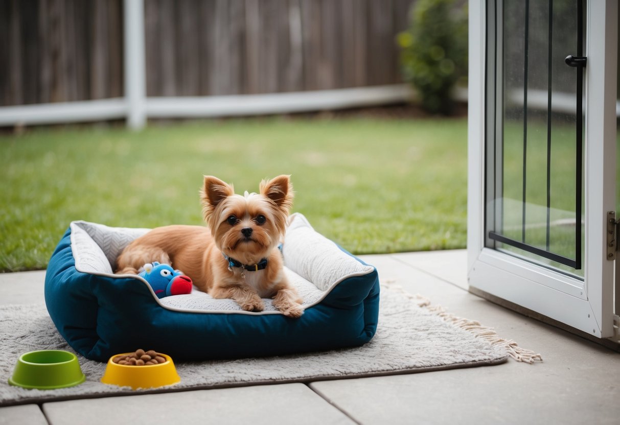 A small dog lounges on a cozy bed, surrounded by toys and a food bowl, with a doggy door leading to a fenced backyard