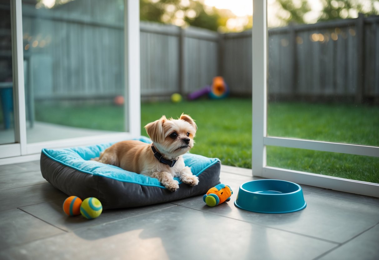 A small, contented dog lounges on a plush bed, surrounded by toys and a water bowl, while a doggy door leads to a fenced backyard