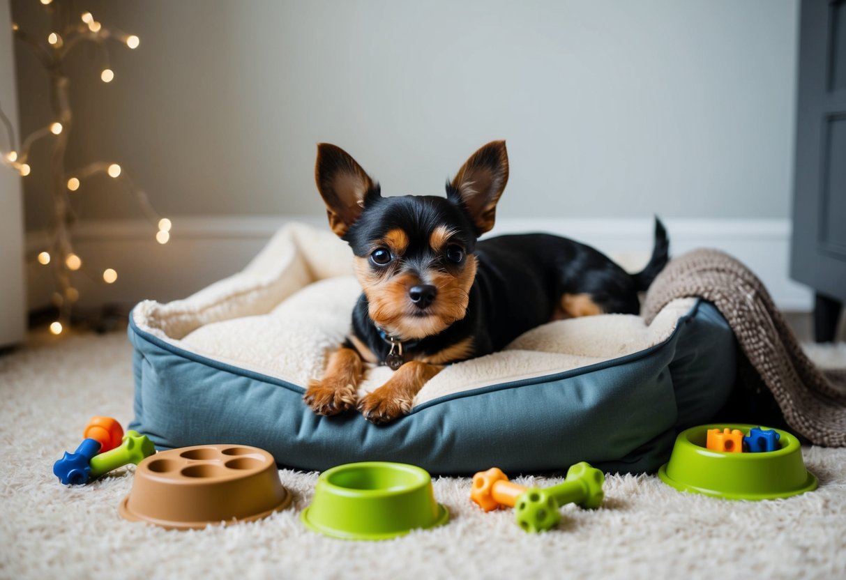 A small dog lounges on a plush bed, surrounded by chew toys and puzzle feeders. A cozy blanket and soft lighting complete the relaxing scene