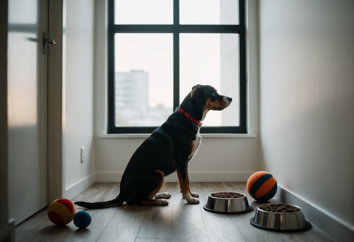 A dog sits alone in an empty room, looking out a window, surrounded by toys and a full food and water bowl