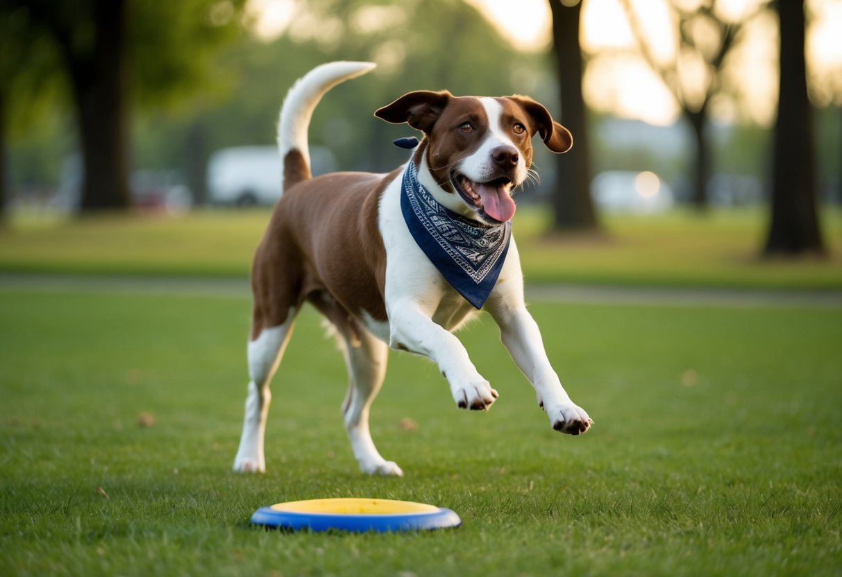 A brown and white dog with a bandana plays with a frisbee in a park, exuding a playful and energetic tomboyish vibe