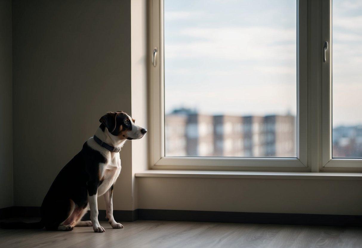 A dog sitting alone in a barren room, looking out the window longingly