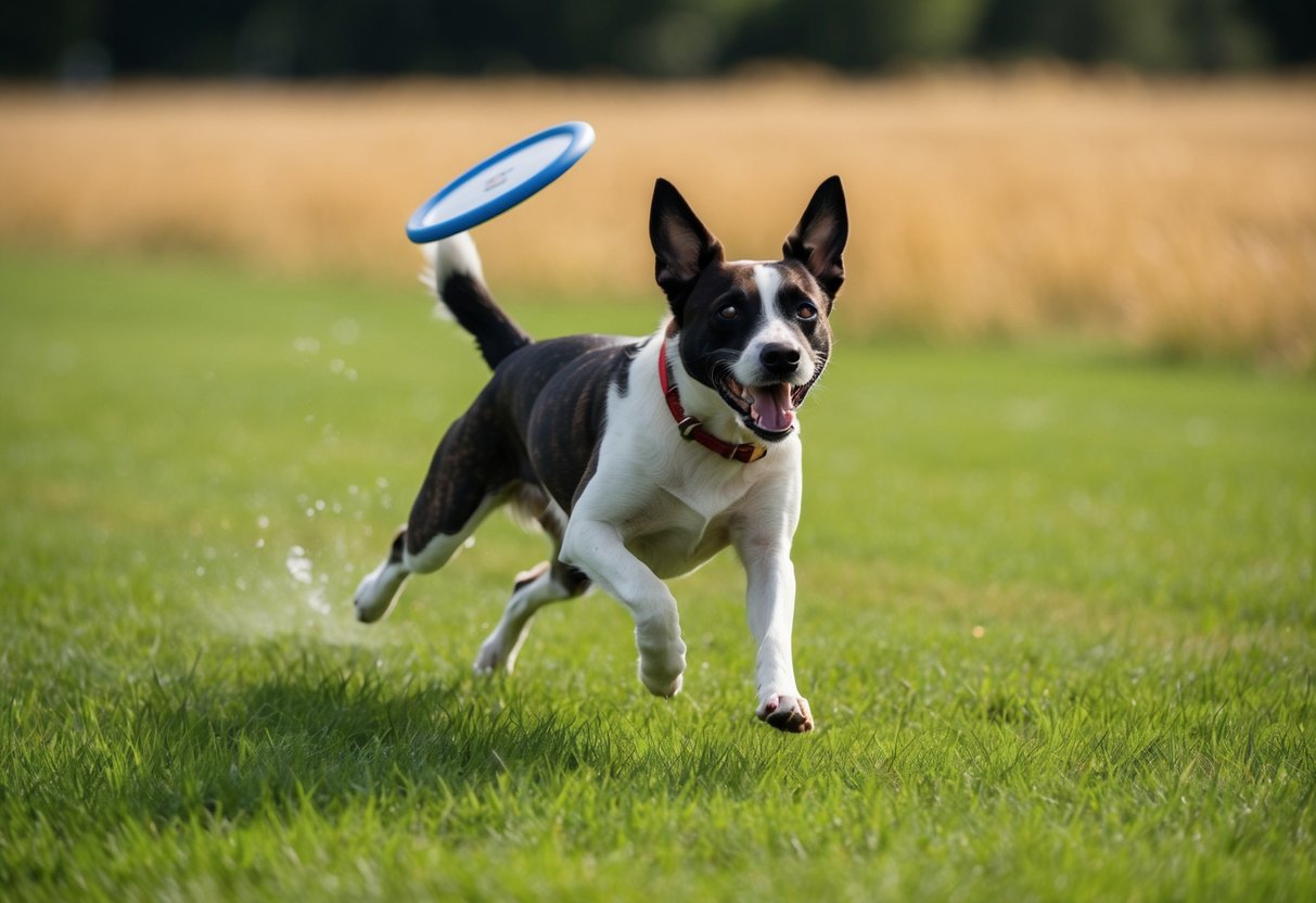 A tomboy dog, with a playful and energetic demeanor, runs through a grassy field, chasing after a frisbee with her tail wagging enthusiastically