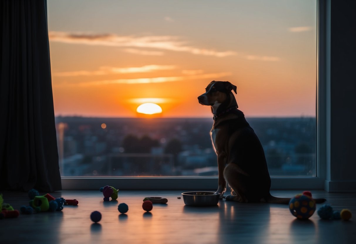 A dog sits alone in a dimly lit room, surrounded by scattered toys and an empty food bowl. Outside, the sun sets behind a distant horizon