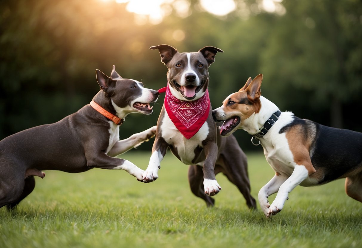 A female dog playing rough with other dogs, wearing a bandana and displaying confident and assertive body language