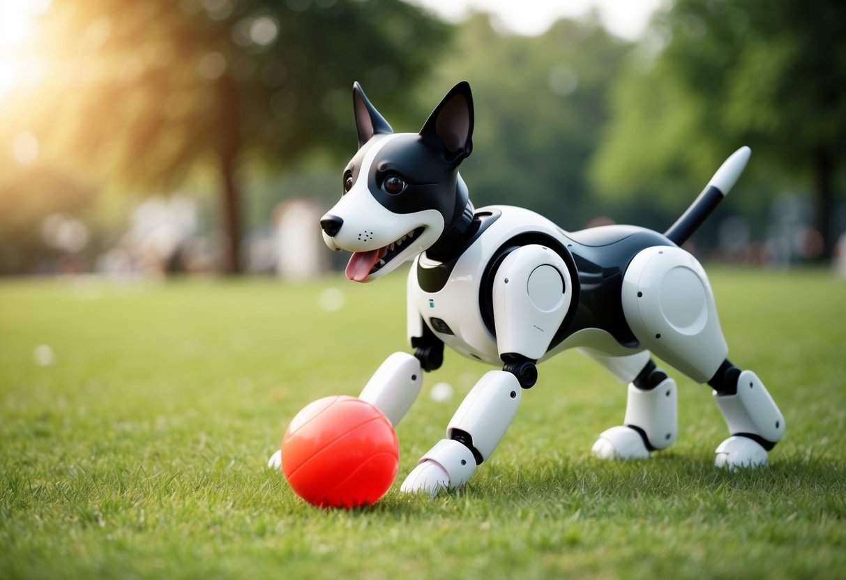 A tomboy robotic dog playing with a ball in a park