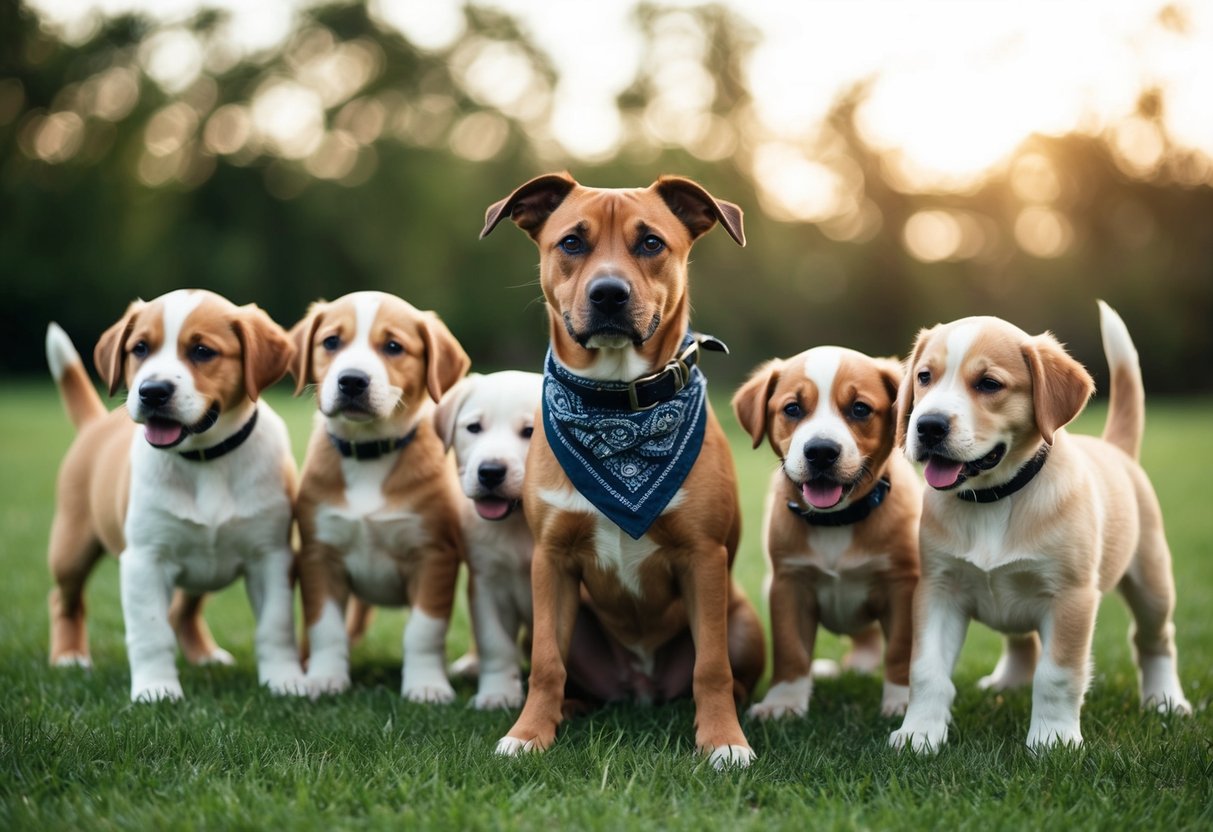 A tomboy dog, with a collar and a bandana, stands confidently among a group of playful puppies, each with their own unique personalities