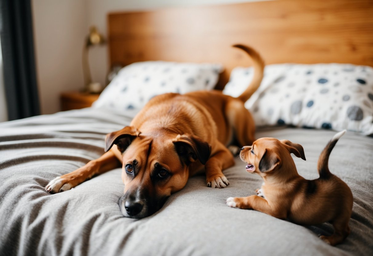 A 12-year-old dog lying in a cozy bed, looking up at a playful puppy wagging its tail
