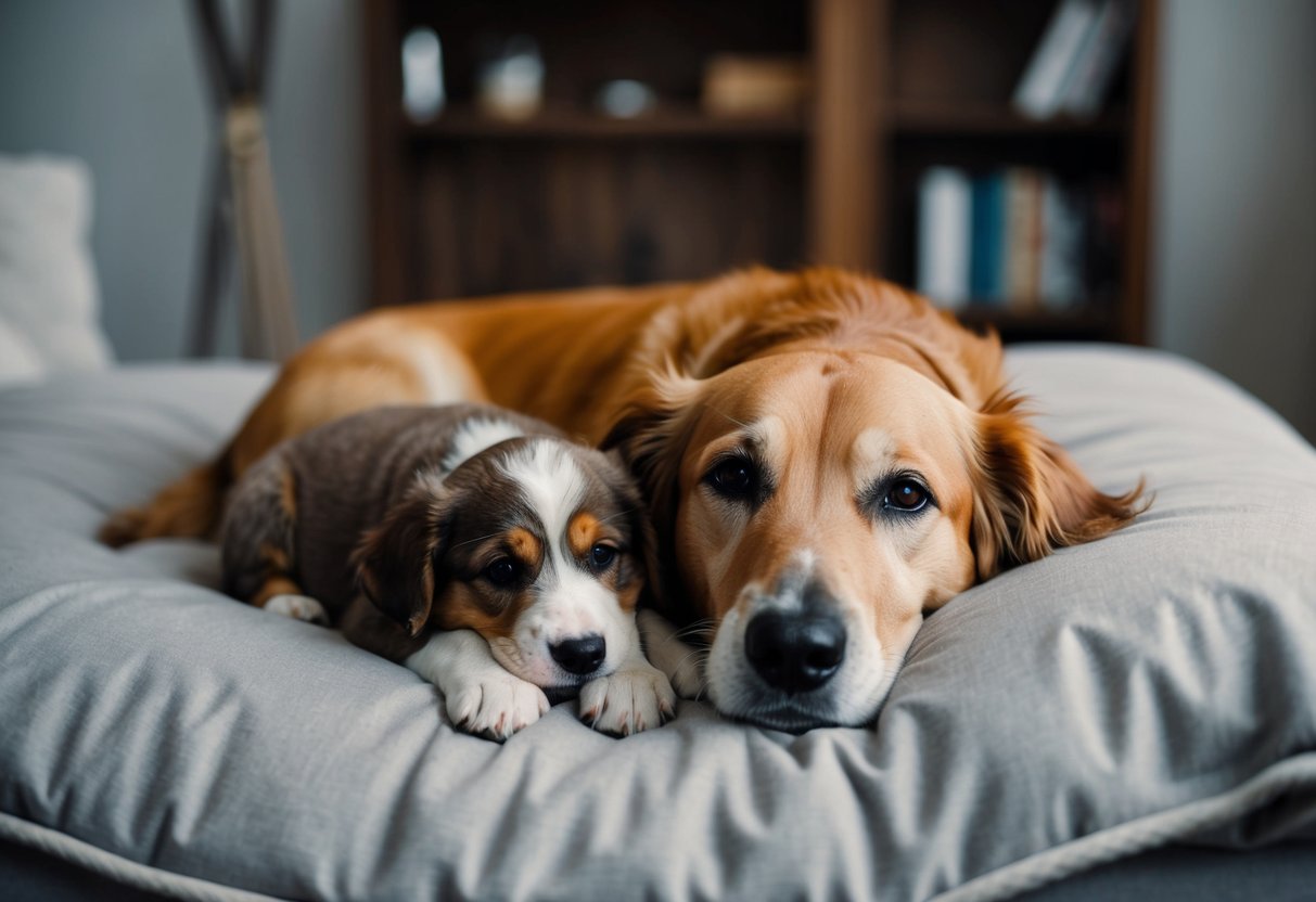 A senior dog lays on a cozy bed, looking content as a playful puppy snuggles up beside them, offering companionship and comfort