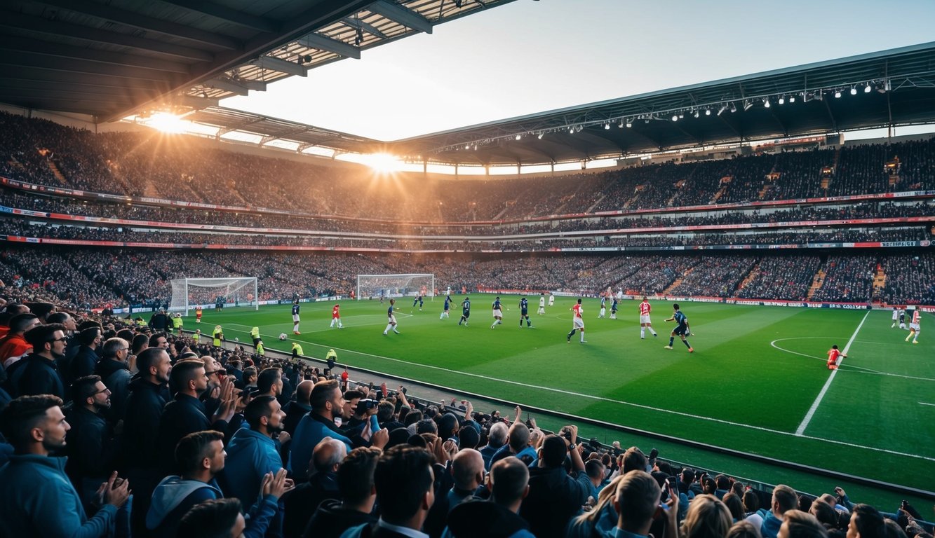 Sebuah stadion yang ramai dengan penggemar yang bersorak, sebuah lapangan sepak bola, dan pemain yang sedang beraksi