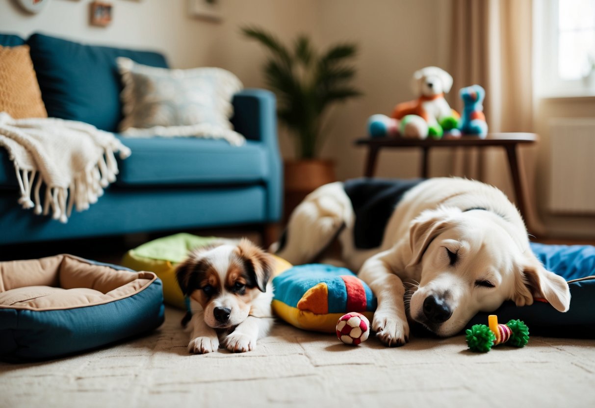 A cozy living room with a sleeping elderly dog and a playful puppy, surrounded by toys and dog beds