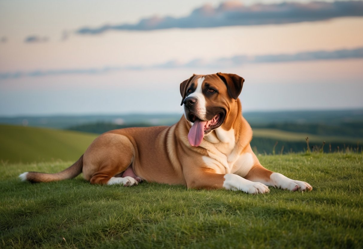 A massive 200-pound dog lounges on a grassy hill, its tongue lolling out as it gazes lazily at the horizon