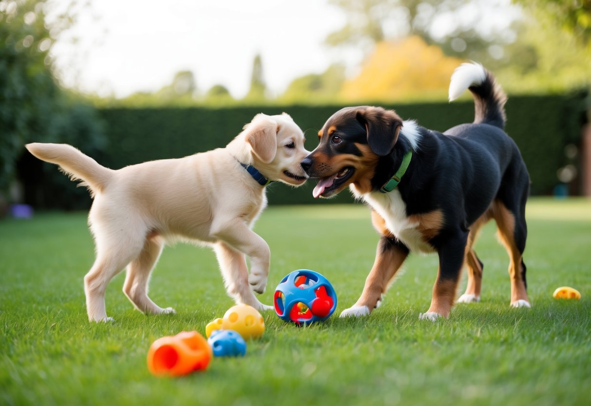 A 12-year-old dog and a playful puppy interacting in a spacious, grassy backyard with toys scattered around