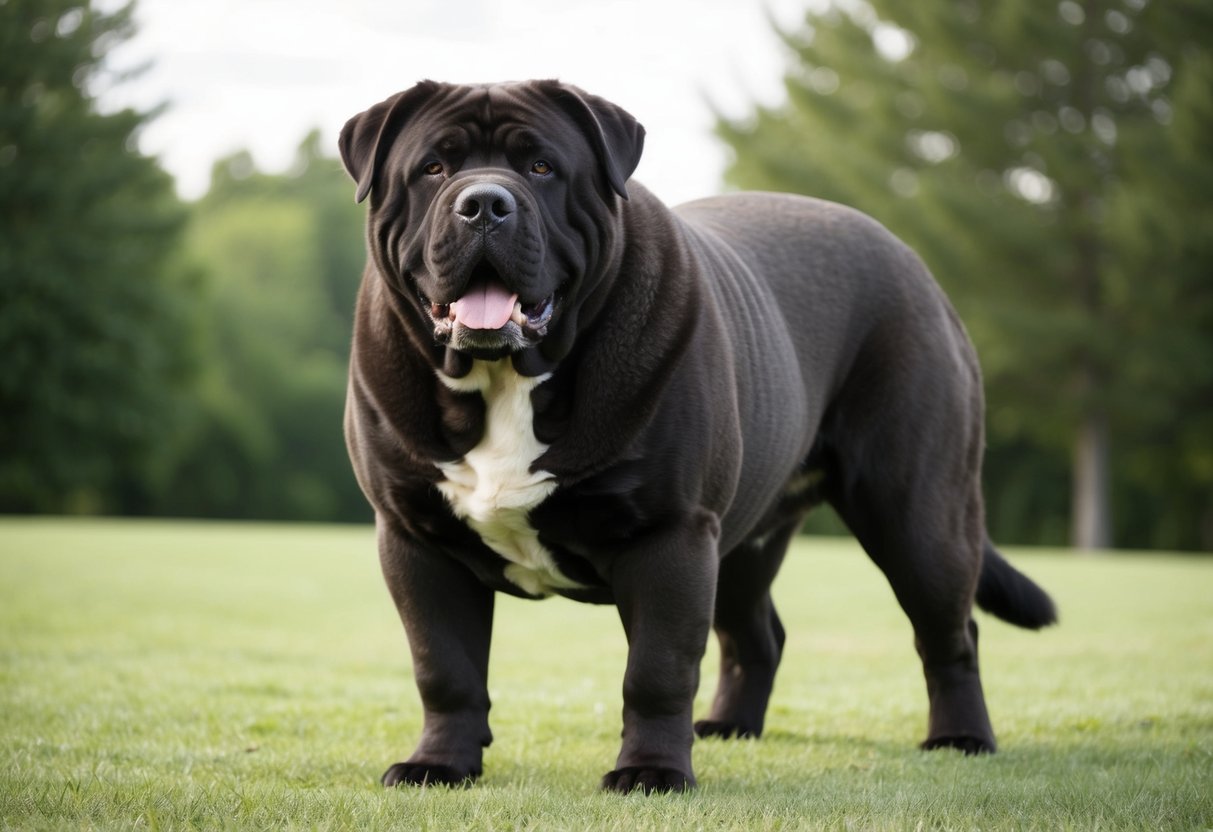 A massive 200-pound dog stands tall, its thick fur and powerful frame highlighting its giant breed status