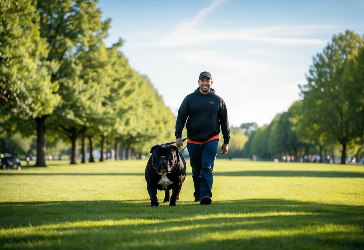 A person walks a massive 200-pound dog in a spacious, grassy park, surrounded by trees and a clear blue sky