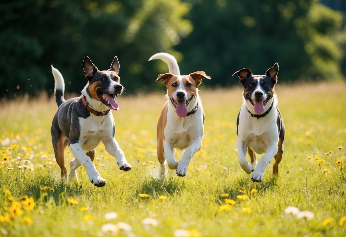 Three dogs playfully chase each other in a sunlit meadow, tails wagging and tongues lolling