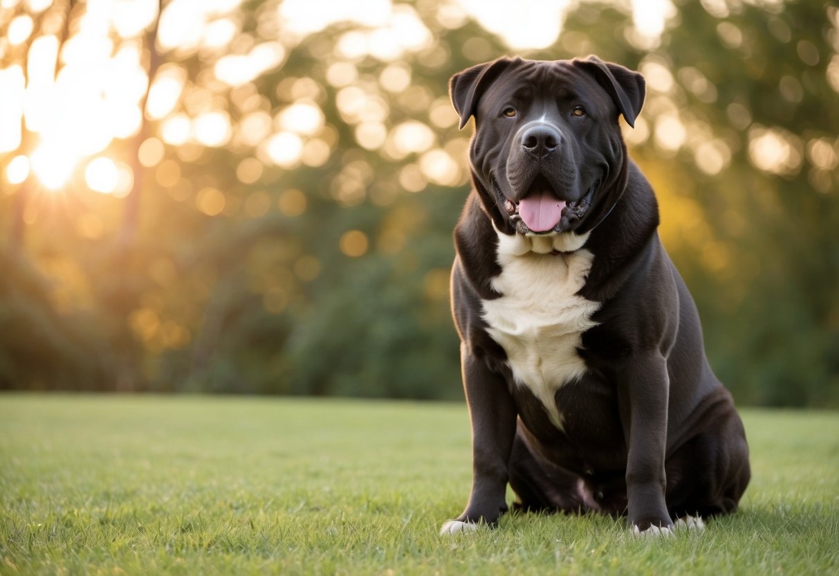 A large 200-pound dog sits calmly, with a relaxed and friendly expression