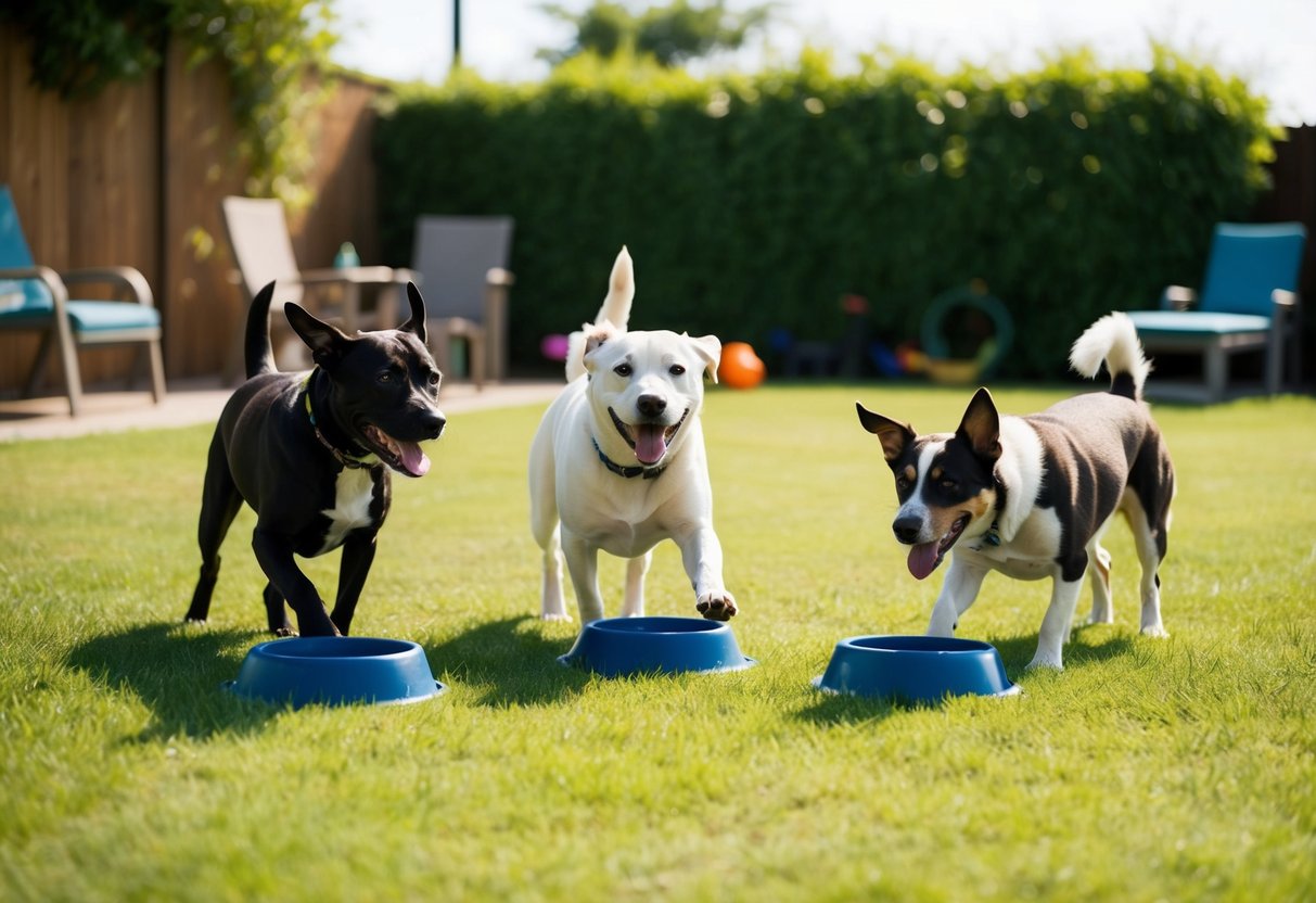 Three dogs of different breeds playing in a spacious, well-maintained backyard. Each dog has a water bowl and toys, and there is ample shade and shelter