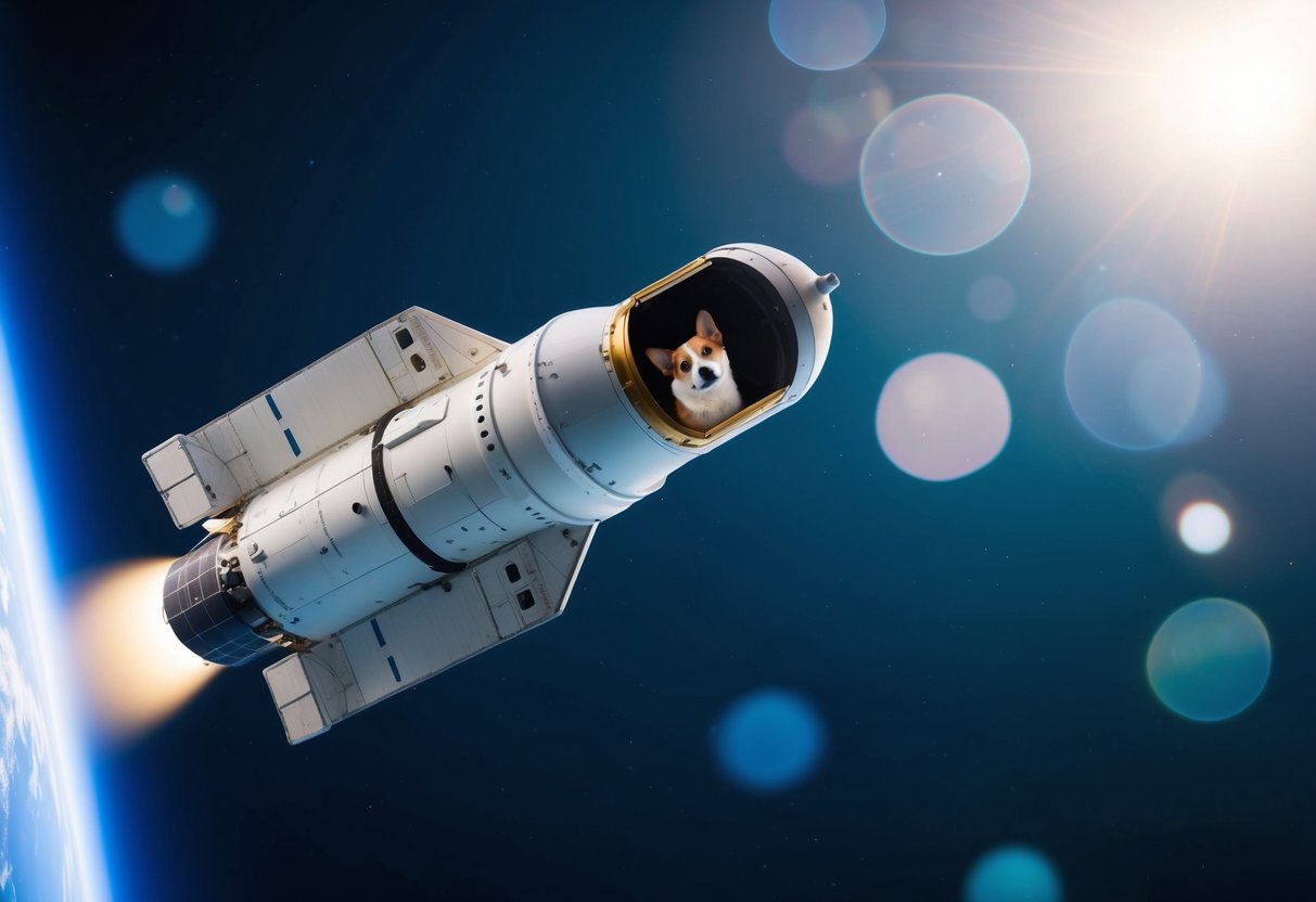 A spacecraft orbits Earth, with a small capsule containing Laika, the dog, visible inside