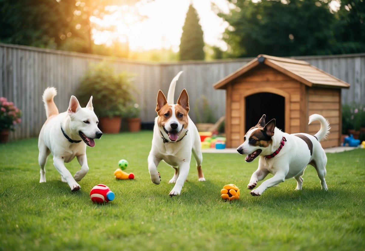 Three dogs of different sizes playing harmoniously in a spacious backyard, with a cozy doghouse and plenty of toys scattered around