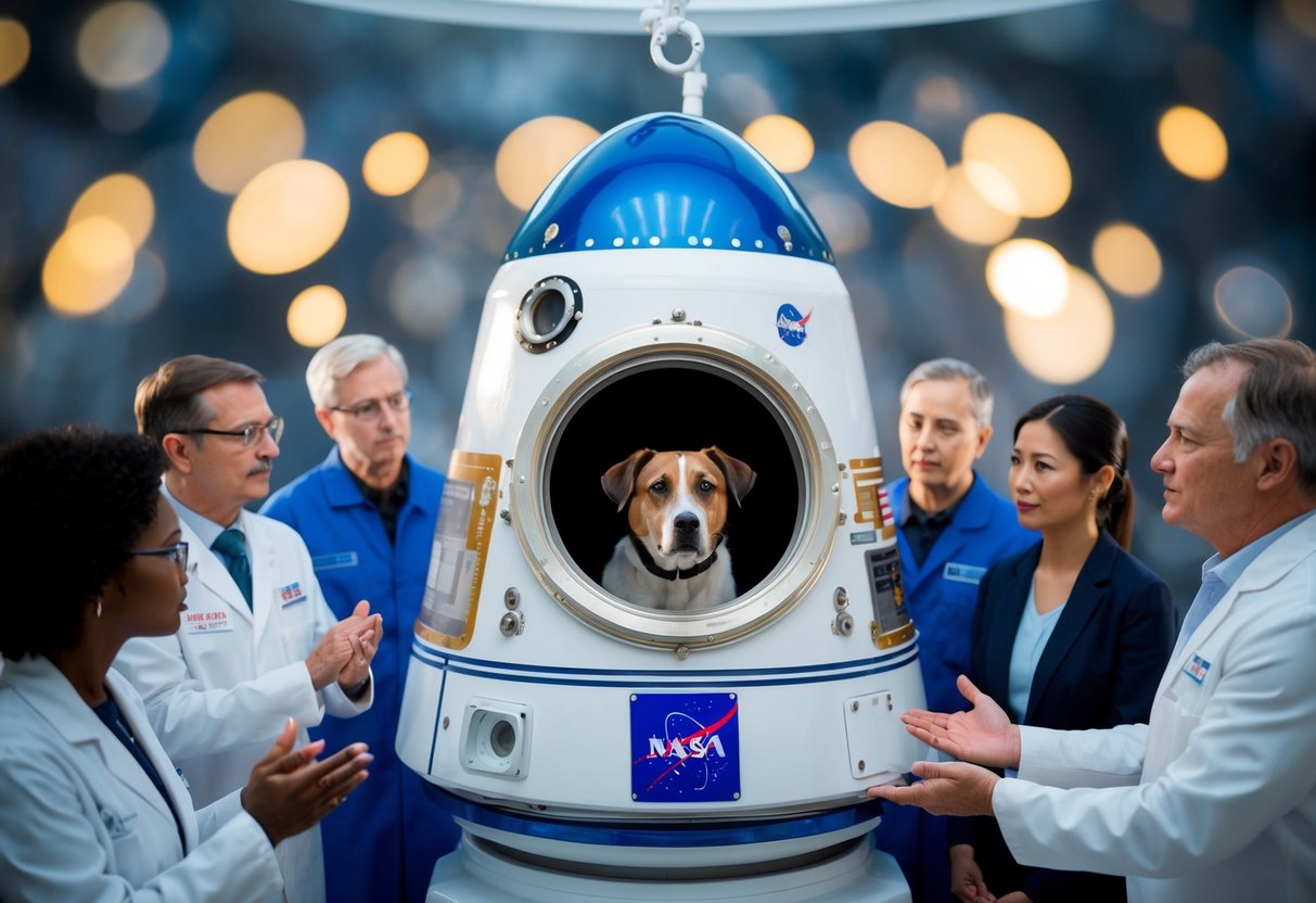 A space capsule with a dog inside, surrounded by scientists and a sense of ethical debate