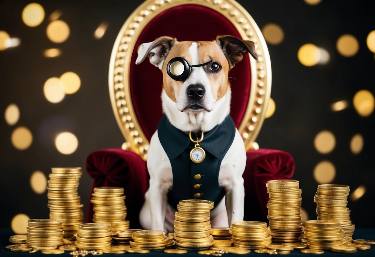A dog wearing a monocle and sitting on a throne surrounded by piles of gold coins and jewels