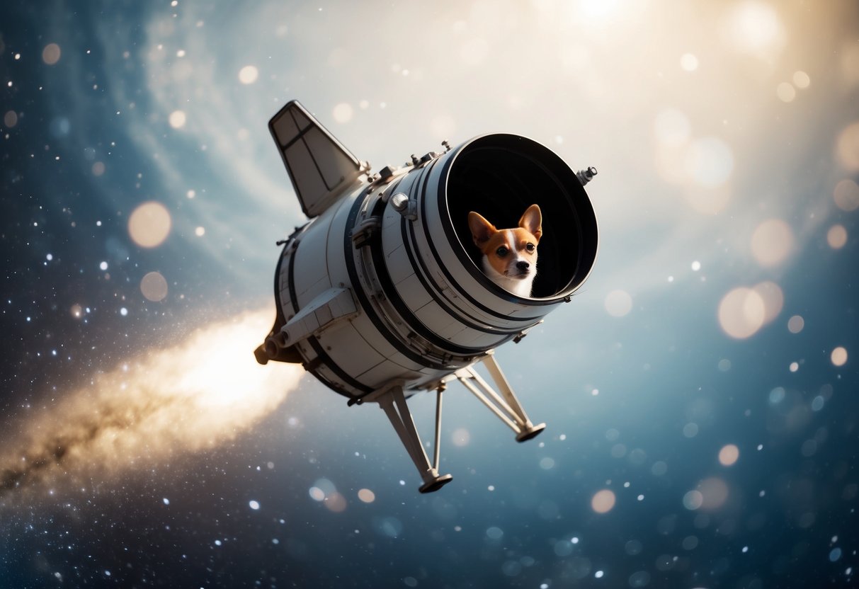A small, sturdy spacecraft hurtles through the stars, carrying the brave and loyal figure of Laika the dog, forever immortalized in her pioneering journey into space