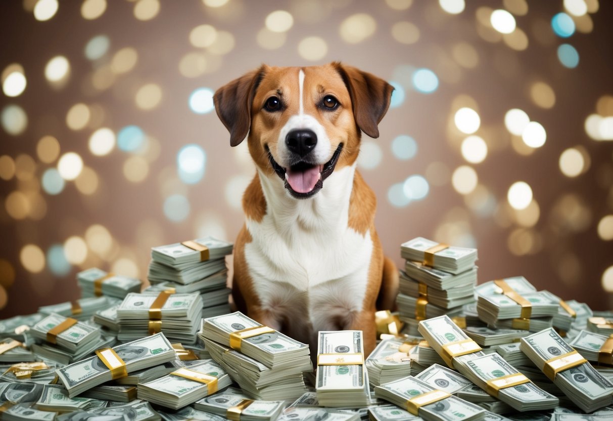 A happy dog surrounded by piles of money and luxury items