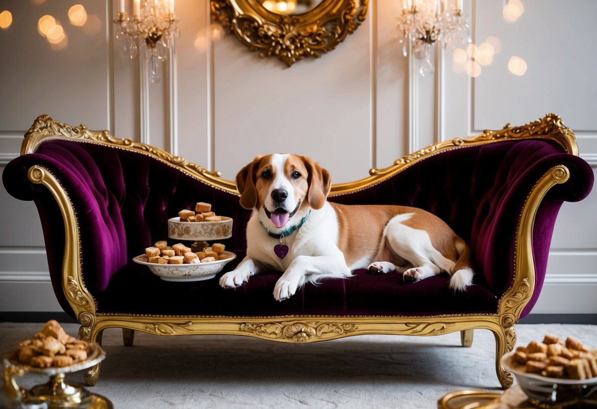 A pampered dog lounges on a velvet chaise surrounded by opulent furnishings and gourmet treats