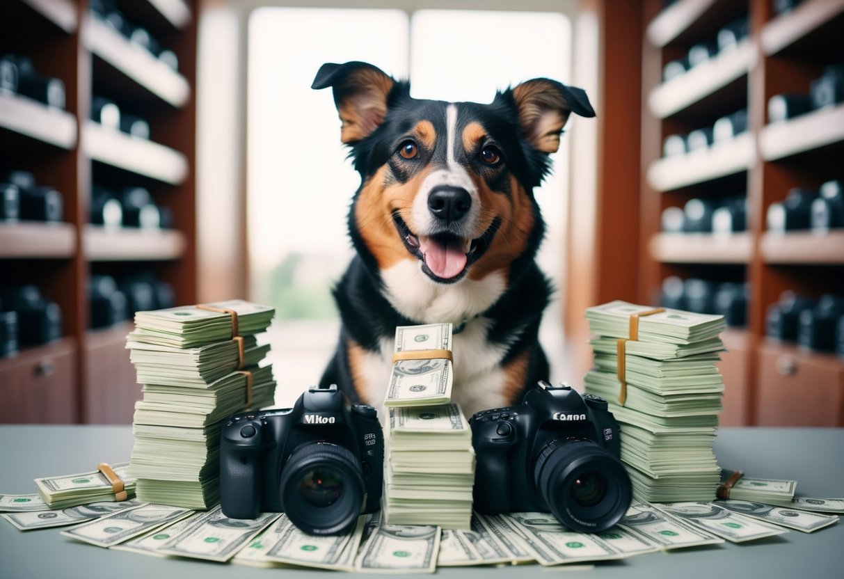 A happy dog surrounded by stacks of money and cameras
