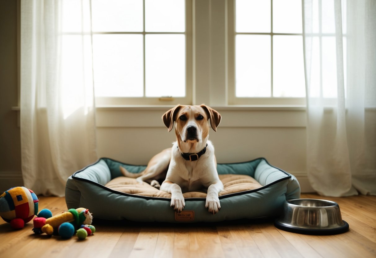 A weathered dog bed sits empty in a sunlit room, surrounded by well-loved toys and a worn food bowl