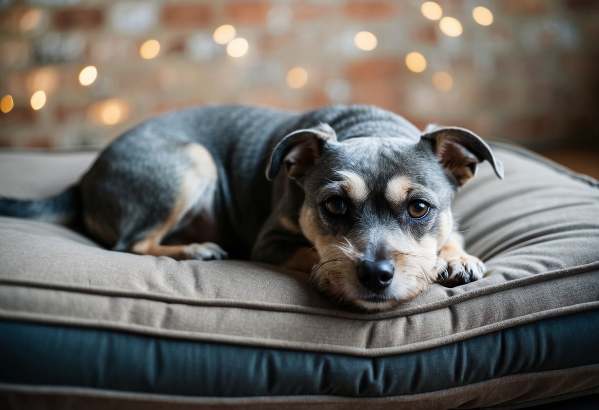 A gray-muzzled dog with a slightly arched back and cloudy eyes, lying on a worn, cushioned bed
