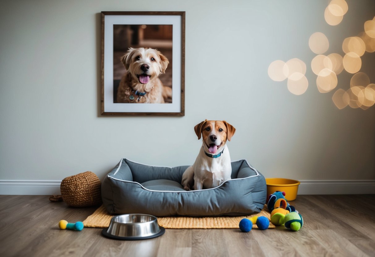 A worn dog bed surrounded by toys and a food bowl, with a framed photo of a happy, elderly dog on the wall
