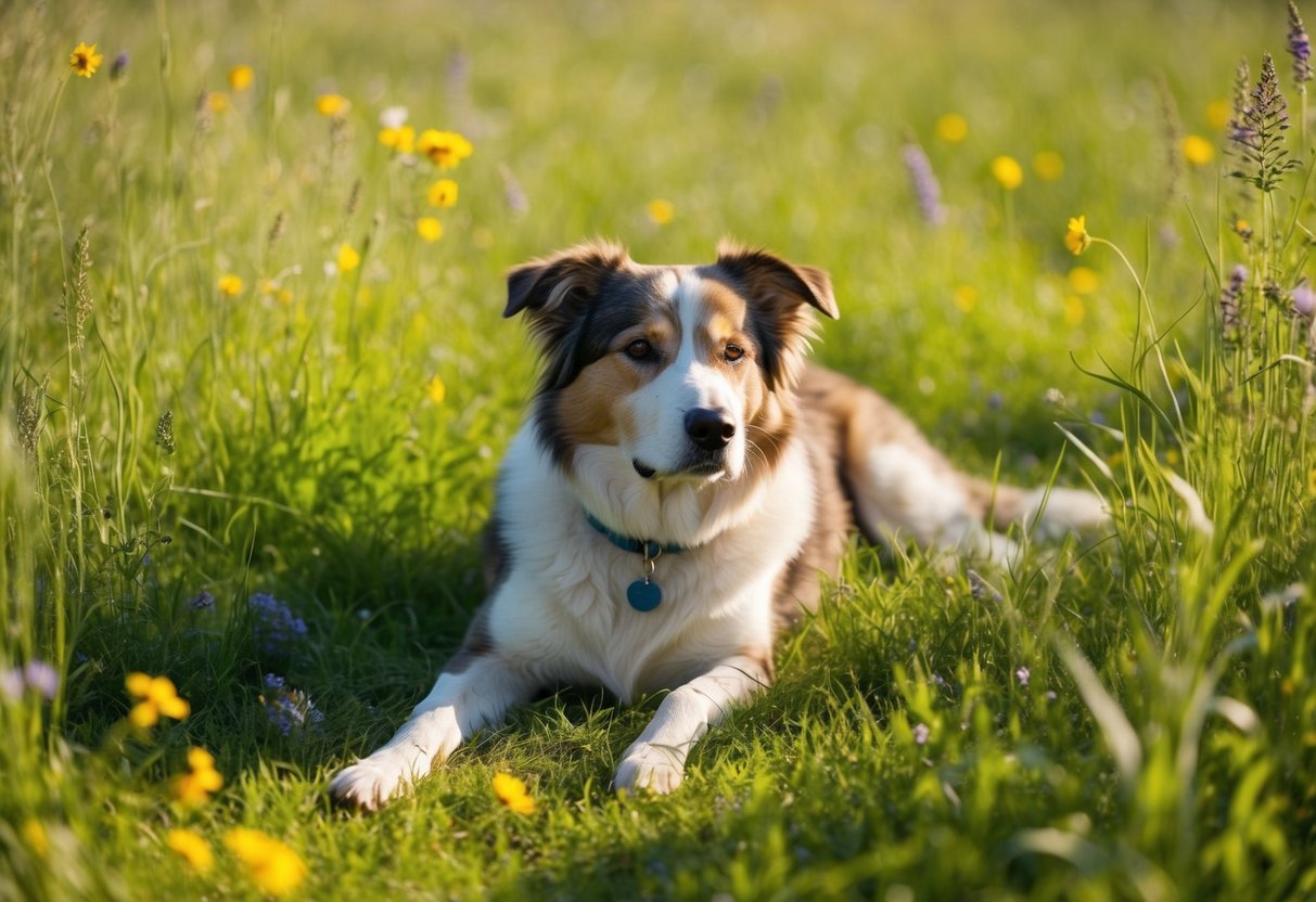 A 30-year-old dog lying peacefully in a sun-dappled meadow, surrounded by tall grass and wildflowers, with a serene expression on its face