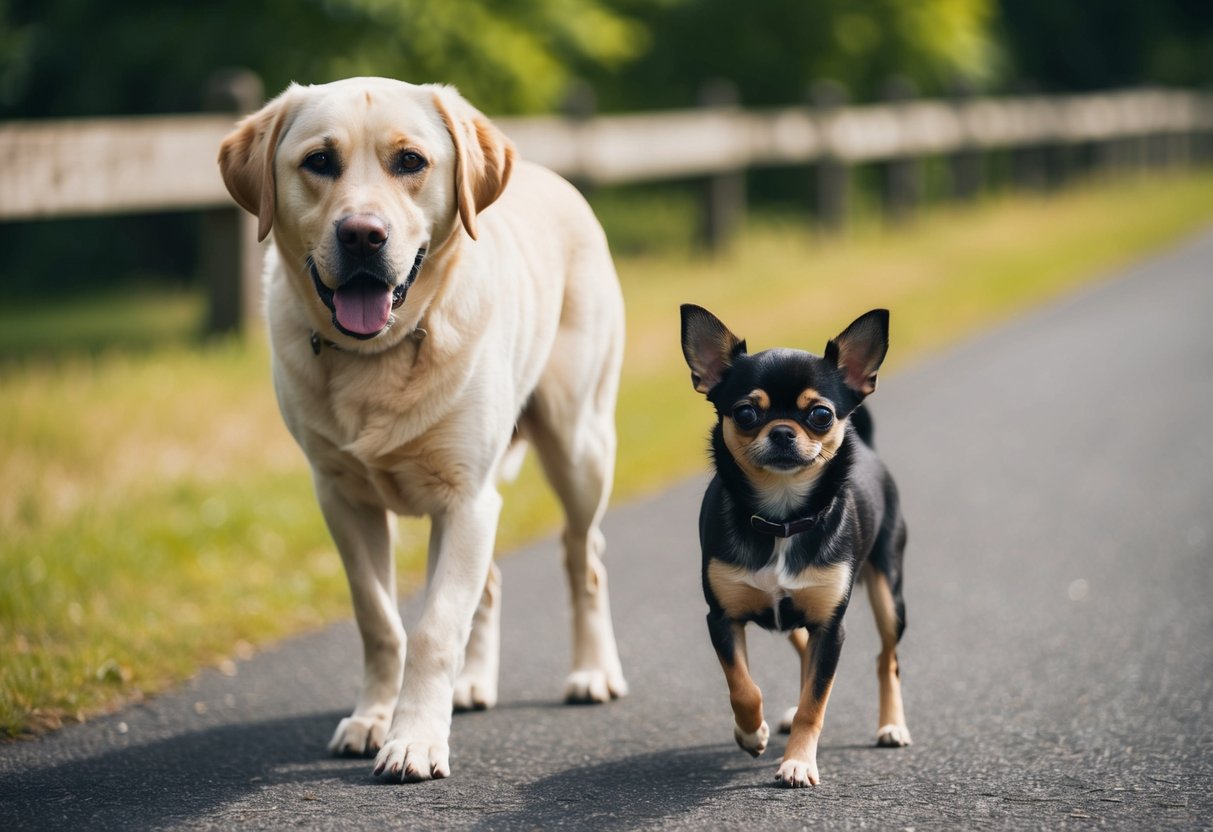 A 10-year-old Labrador retriever with graying fur and a slight limp walks alongside a sprightly 10-year-old Chihuahua with clouded eyes